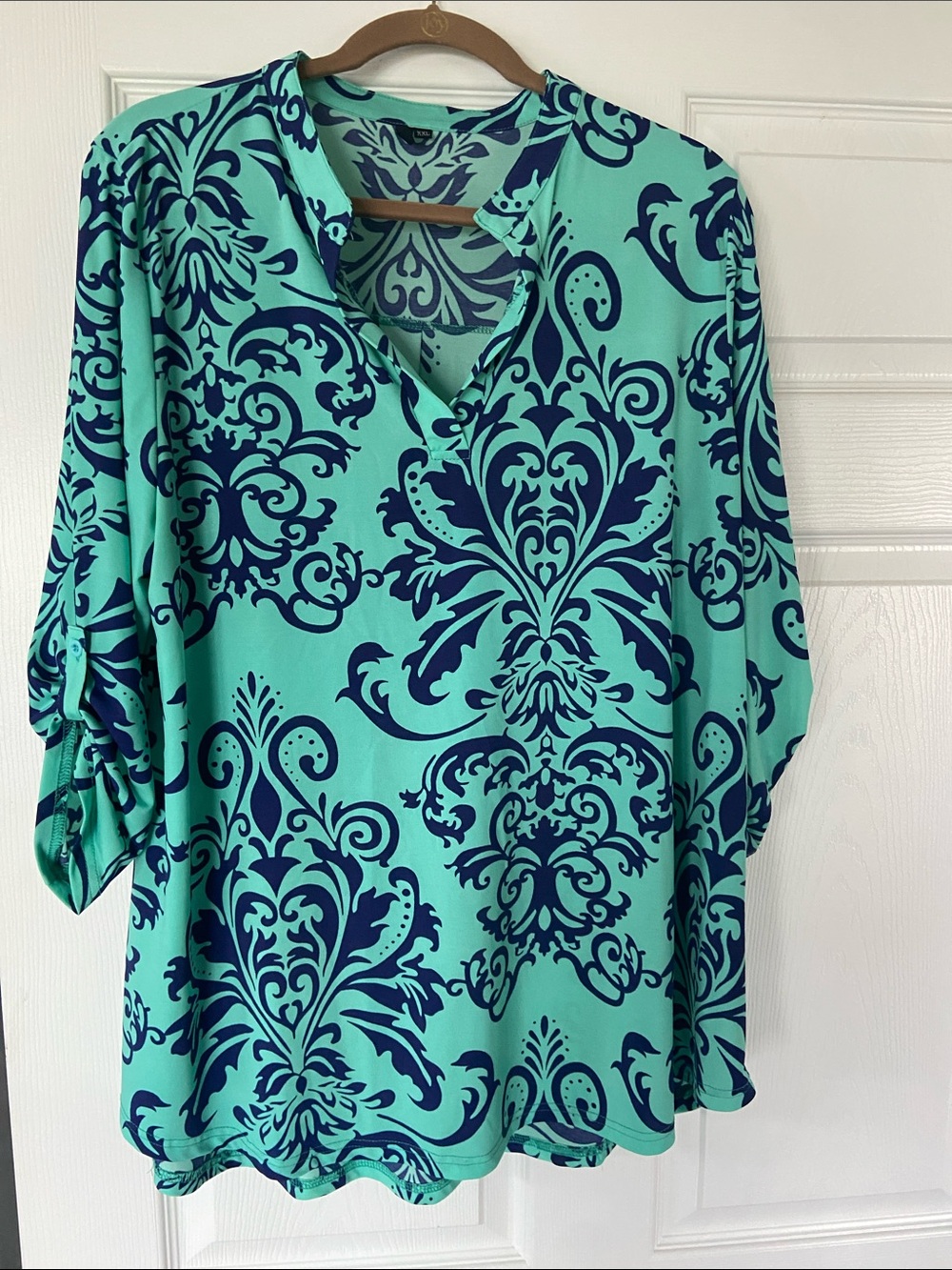 V-Neck Tunic Top in Teal with Navy Damask Print